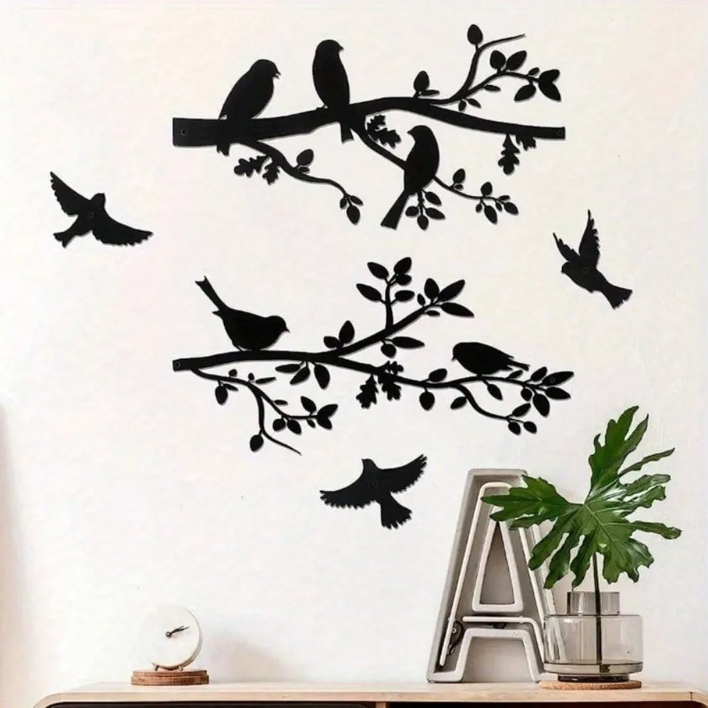 5 Piece Metal Bird Wall Art Set - Black Branch Sculpture Decor