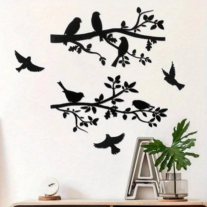 5 Piece Metal Bird Wall Art Set - Black Branch Sculpture Decor