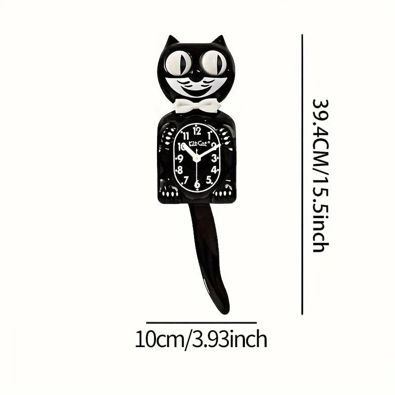 2D Cartoon Cat Wall Clock Silent Movement Swinging Tail Glass Mirror