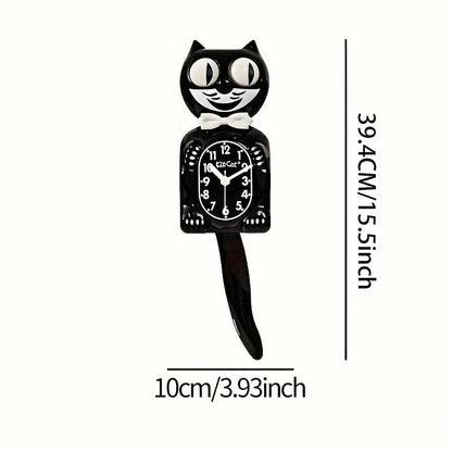 2D Cartoon Cat Wall Clock Silent Movement Swinging Tail Glass Mirror