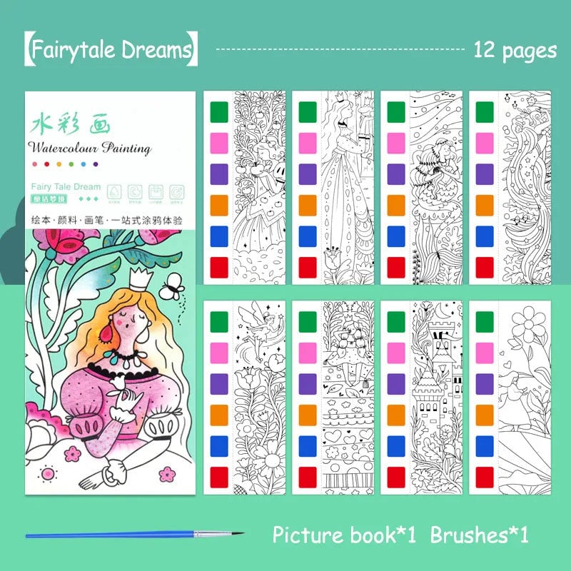 12-Sheet Portable Watercolor Book with Brush - Kids Art Set