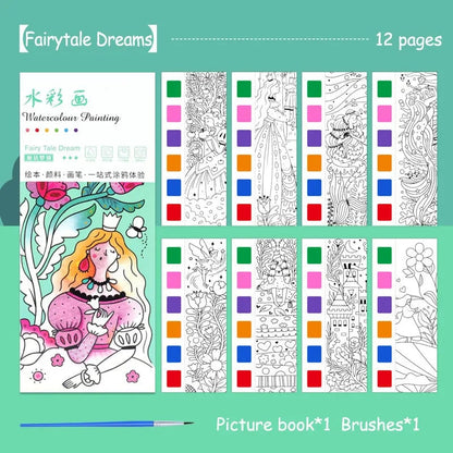 12-Sheet Portable Watercolor Book with Brush - Kids Art Set