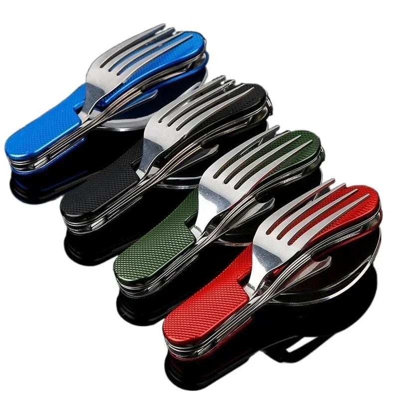 4-in-1 Stainless Steel Folding Camping Cutlery Set - Portable Kit
