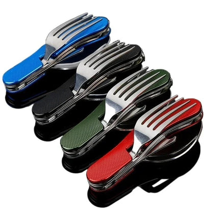 4-in-1 Stainless Steel Folding Camping Cutlery Set - Portable Kit