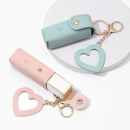 Leather Lipstick Pouch with Mirror & Keychain - Protective Makeup Bag