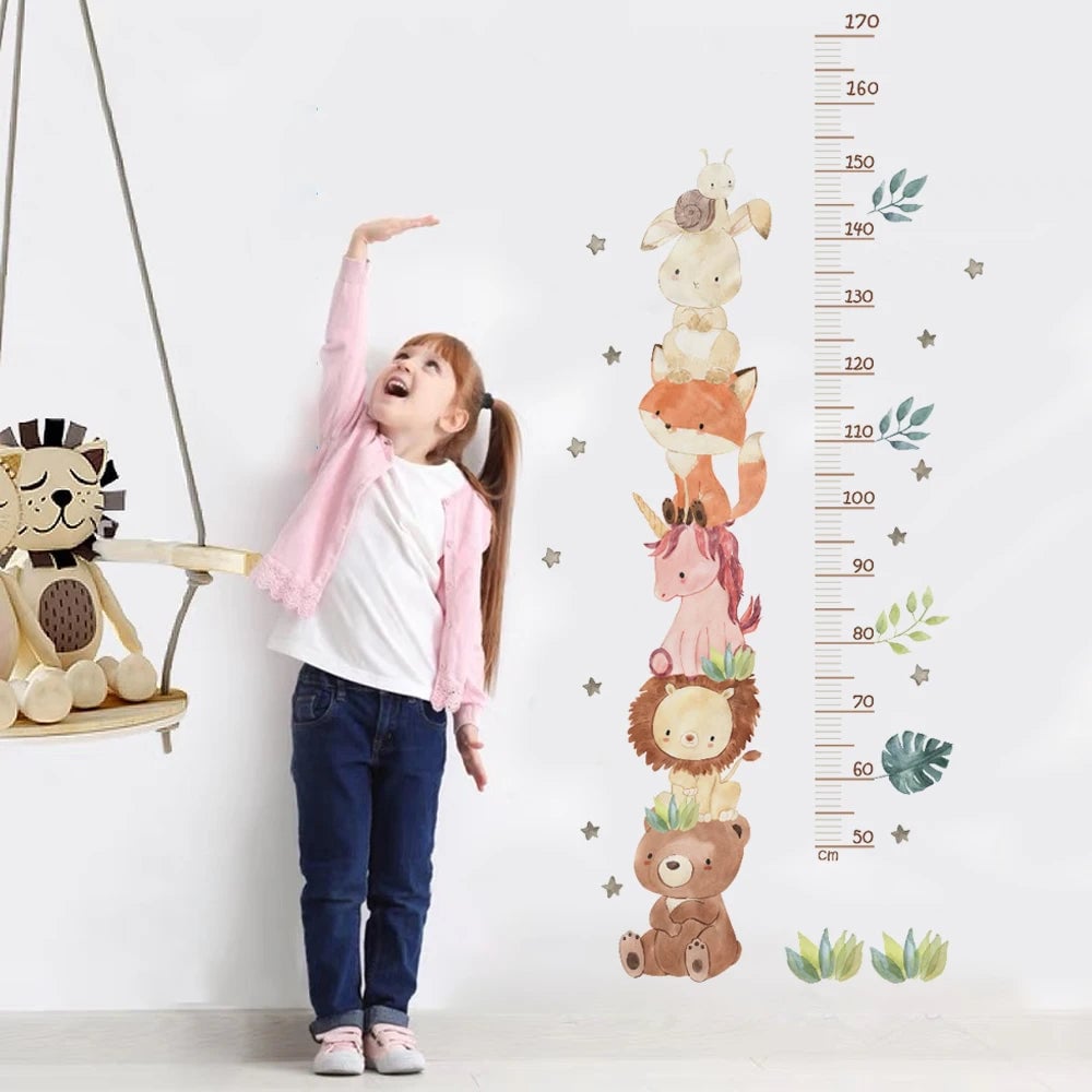Nordic Animal Height Measure Wall Stickers Bear Lion Bunny Kids Grow