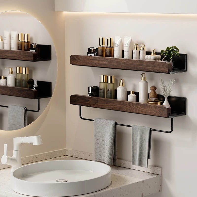 Wood Aluminum Corner Bathroom Shelf Wall Mount Shampoo Storage Rack