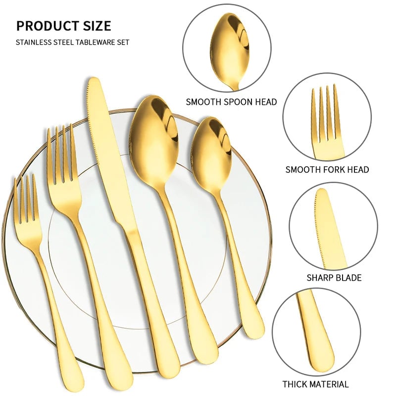 Golden Stainless Steel Cutlery Set - Thickened Hotel Grade Flatware