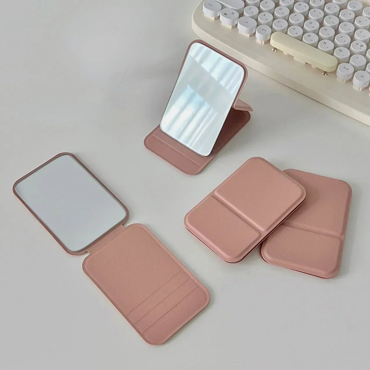 Foldable PU Leather Desktop Makeup Mirror - Portable Compact Design