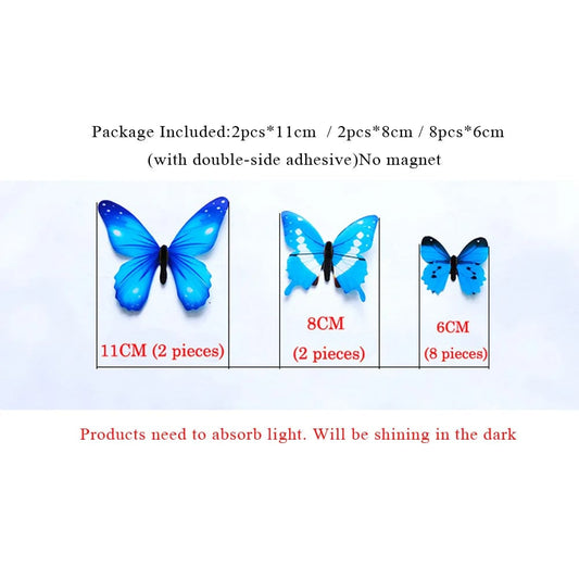 12Pcs 3D Luminous Butterfly Wall Stickers Glow-in-Dark Home Decals