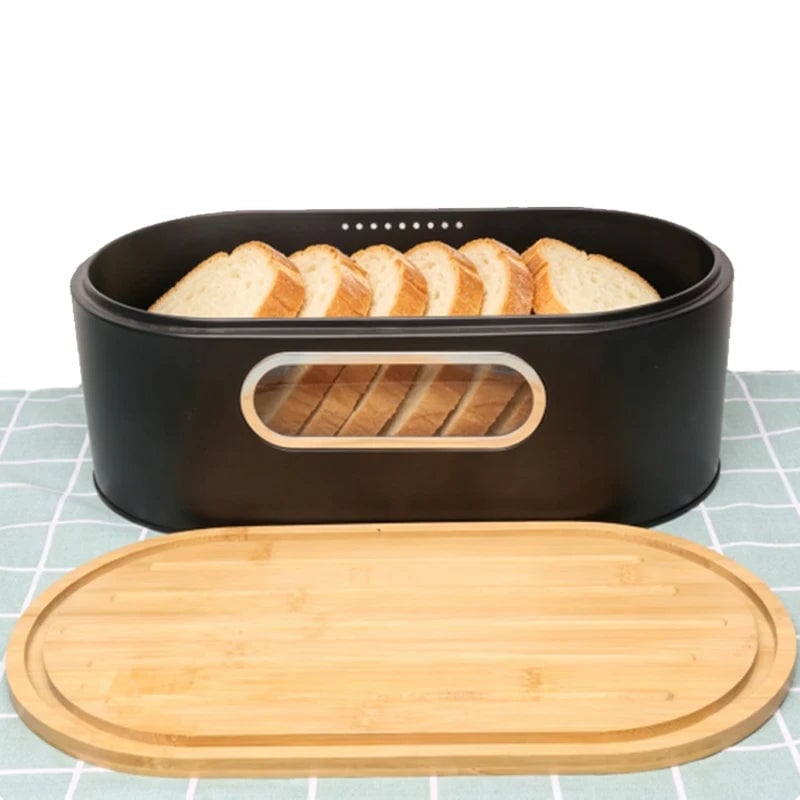 Large Black Bread Box with Bamboo Lid Cutting Board Kitchen Storage