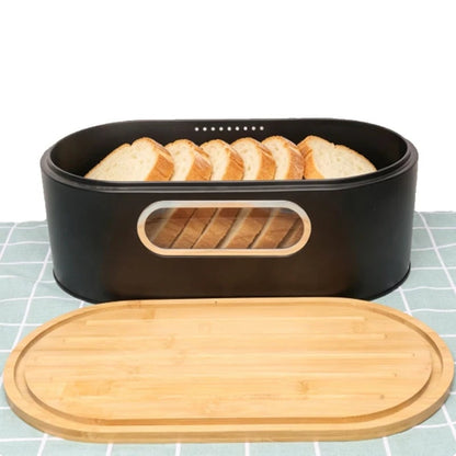 Large Black Bread Box with Bamboo Lid Cutting Board Kitchen Storage
