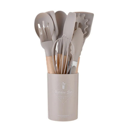 12PC Silicone Kitchen Utensils Set Non-Stick Wooden Handle Spatula