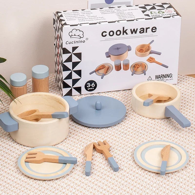 Wooden Mini Kitchen Cookware Set - Pretend Play Pots & Pans Toys
