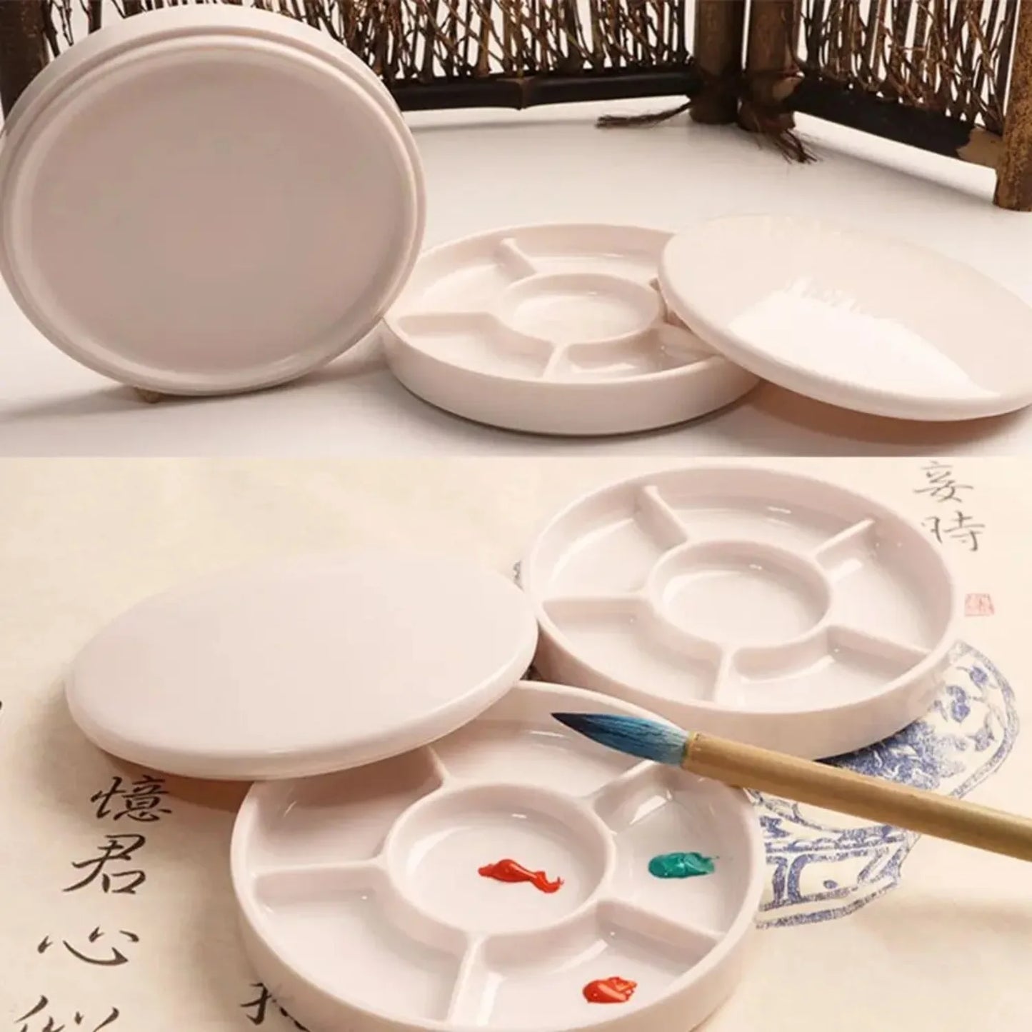 Imitation Porcelain Round Paint Palette with Lid - White Acrylic Tray