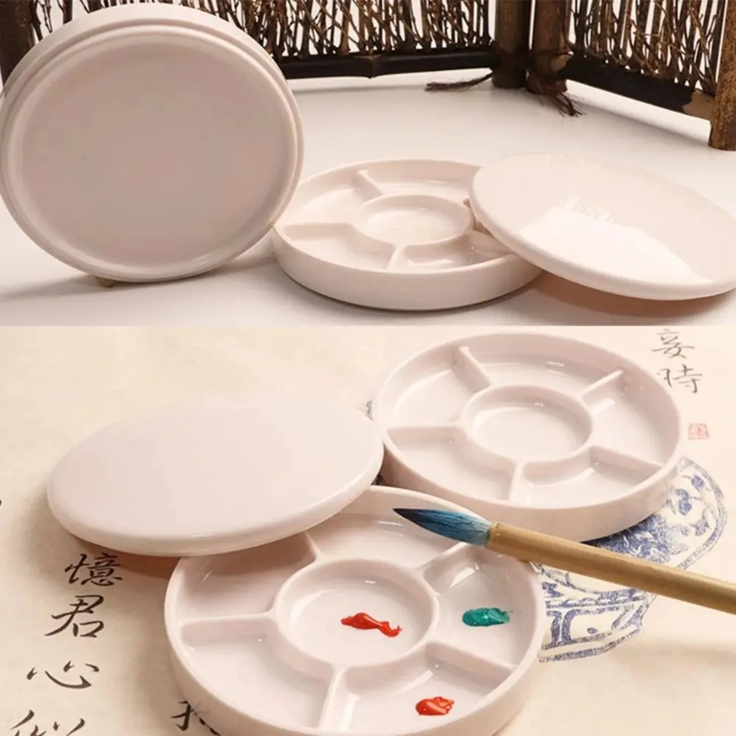 Imitation Porcelain Round Paint Palette with Lid - White Acrylic Tray