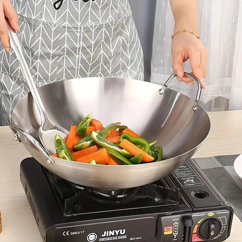Large Stainless Steel Wok Dual Handle Commercial Chef Pan Uncoated