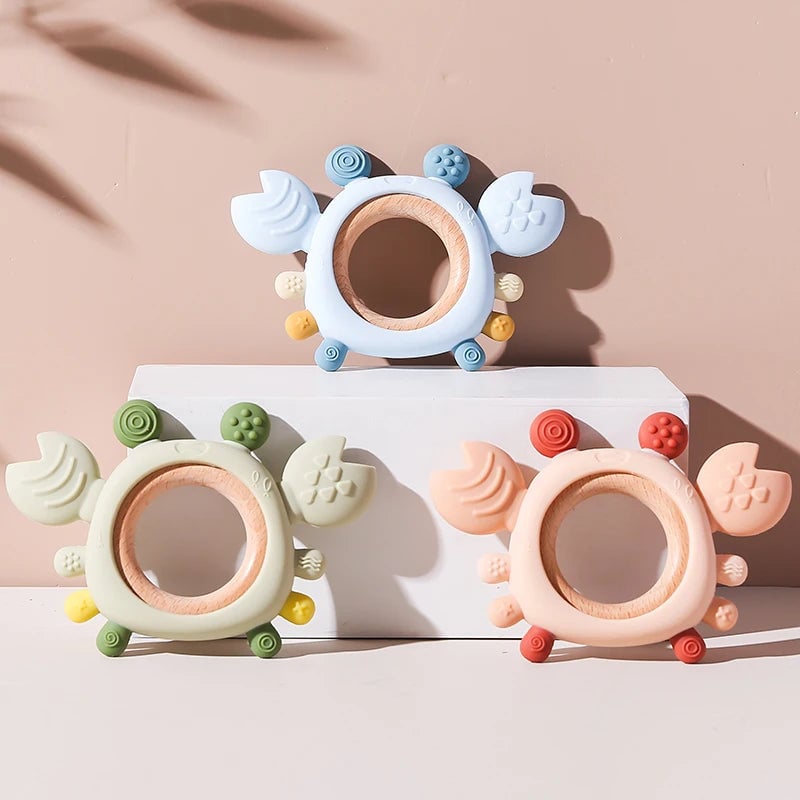 BPA Free Silicone Baby Teether 0-6 Months Wooden Ring Crab Toy