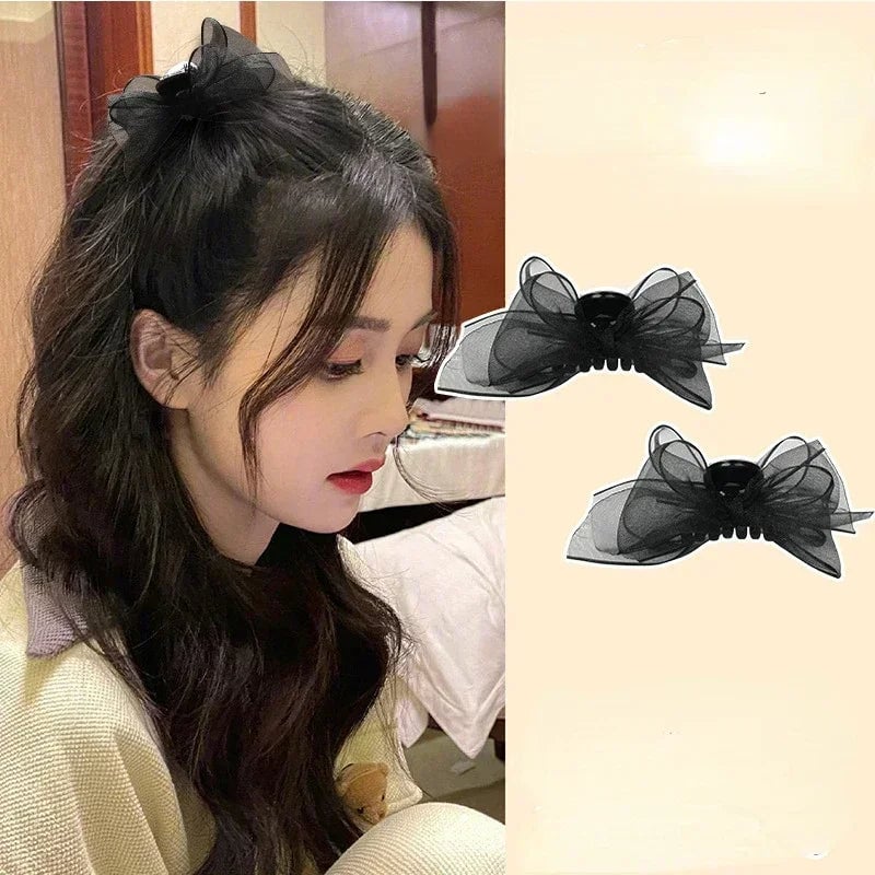 Black Matte Bowknot Mesh Hair Clips Set - 2pcs Bobby Pin Barrettes