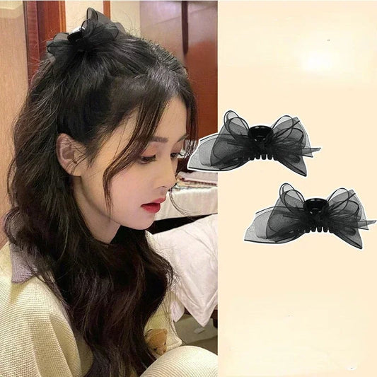 Black Matte Bowknot Mesh Hair Clips Set - 2pcs Bobby Pin Barrettes