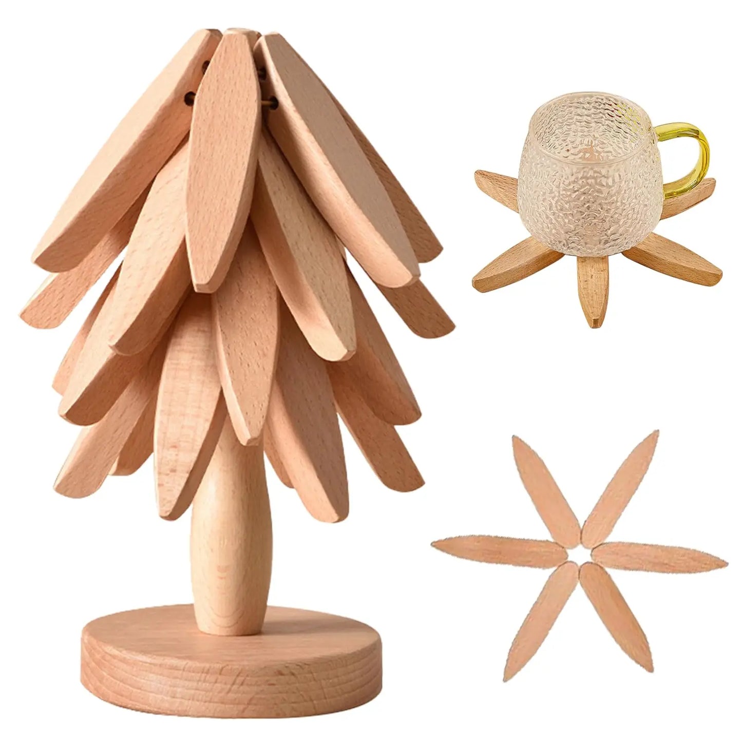 Tree Shape Wooden Trivet Set 4 Foldable Hot Dish Stands Heat Resistant