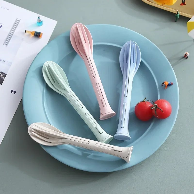 3PCS Wheat Straw Cutlery Set Portable Detachable Travel Camping