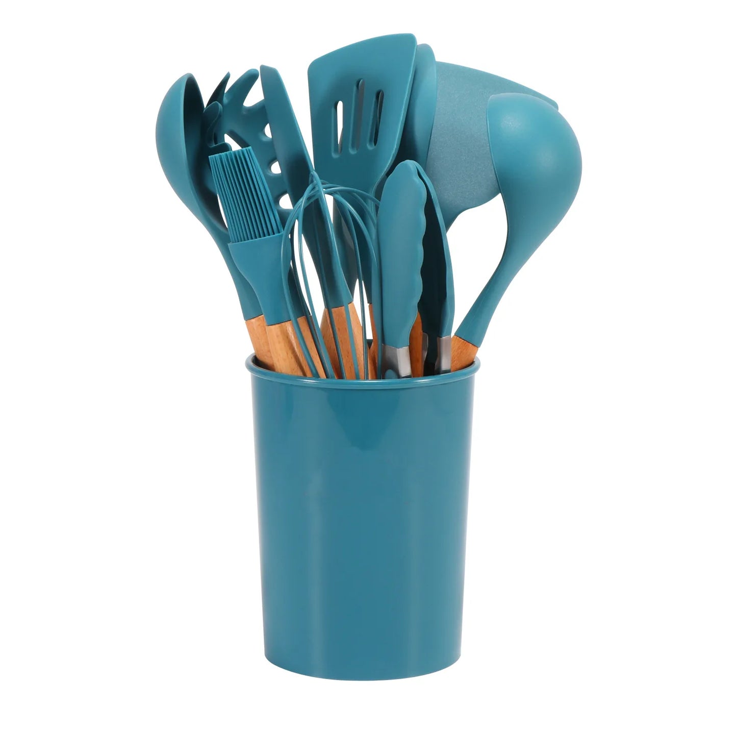Blue Heat-Resistant Silicone Spatula Spoon with Wooden Handle