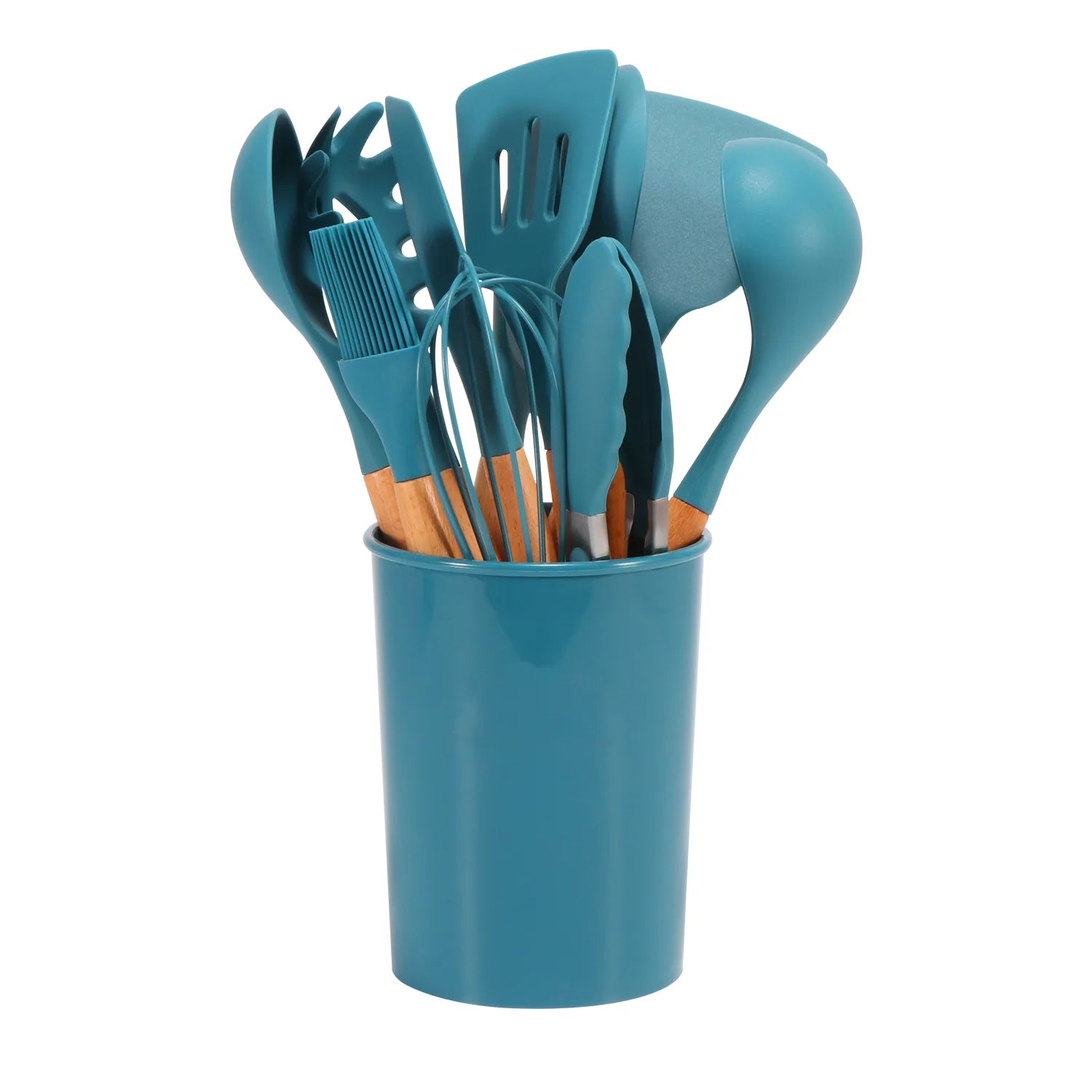 Blue Heat-Resistant Silicone Spatula Spoon with Wooden Handle