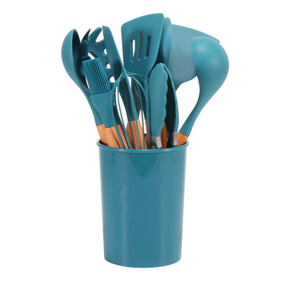 Blue Heat-Resistant Silicone Spatula Spoon with Wooden Handle