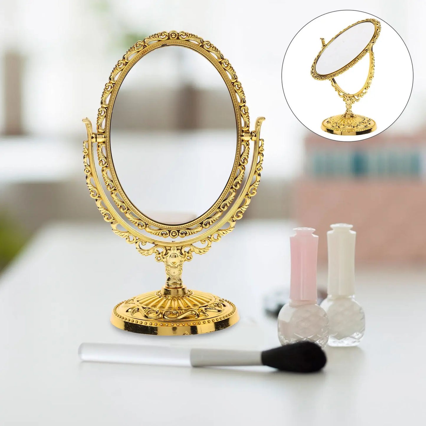 Double Sided Rotating Vanity Mirror Vintage Oval Golden Frame