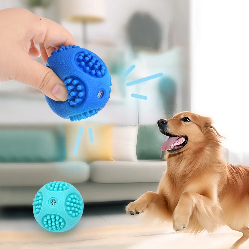 Durable Elastic Dog Chew Ball with Squeaker & Teeth Cleaning Ridges