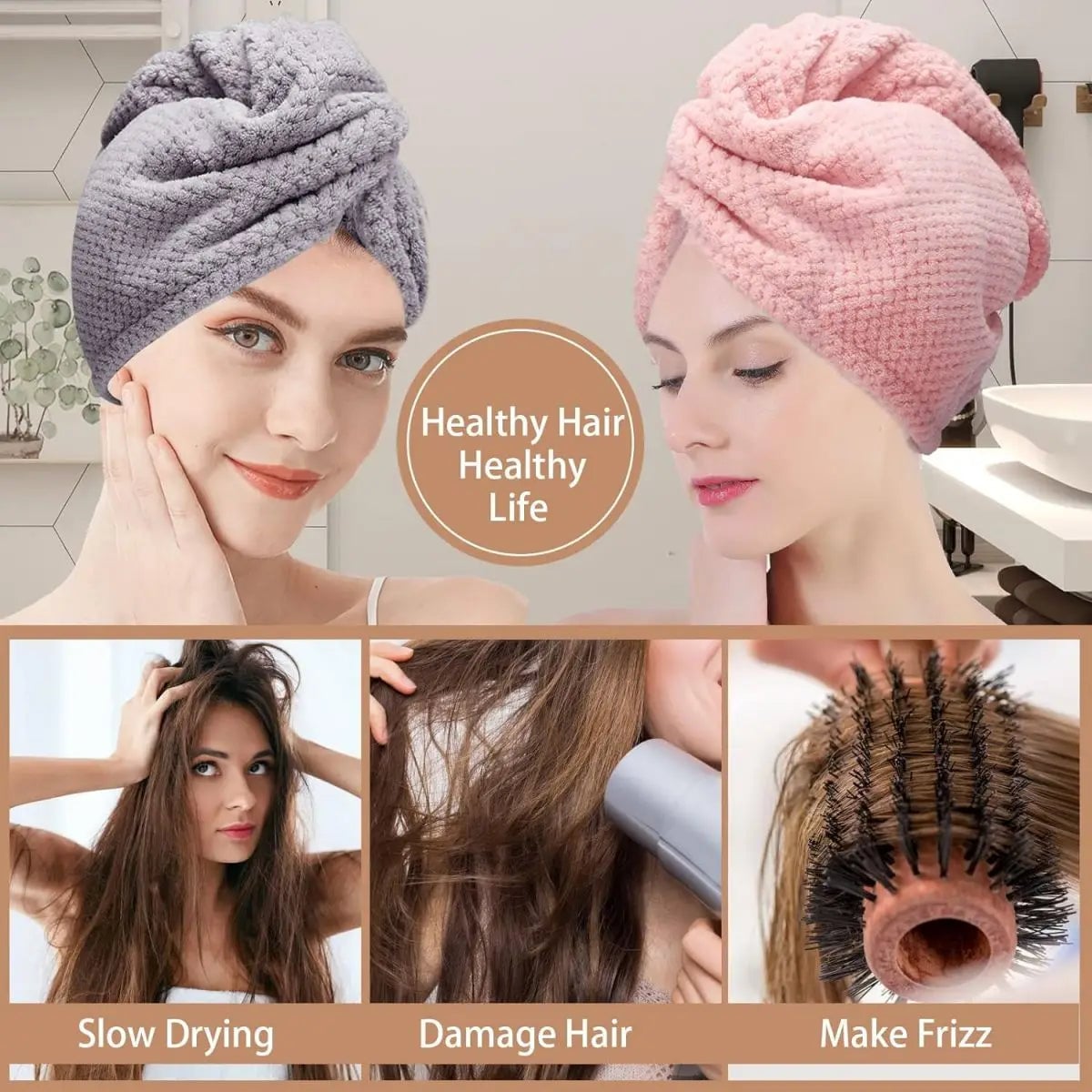 Women Hair Towel Wrap with Button - Quick Dry Absorbent Cap 9.8x25.5
