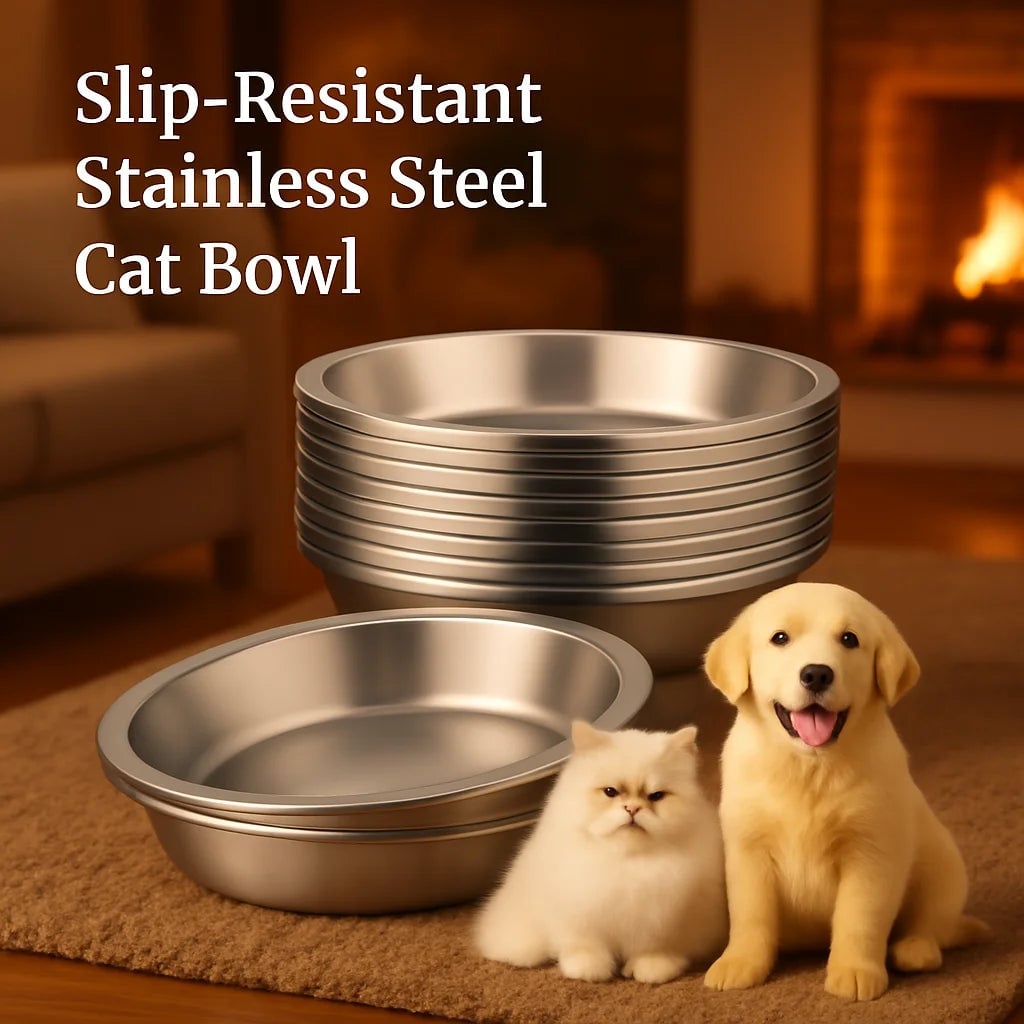 Slip-Resistant Stainless Steel Cat Bowl Set - Low Profile Wide Design