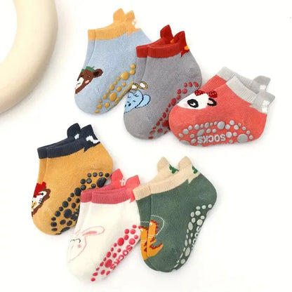 6 Pairs Kids Cotton Non Slip Socks Cartoon Animal Pattern Baby