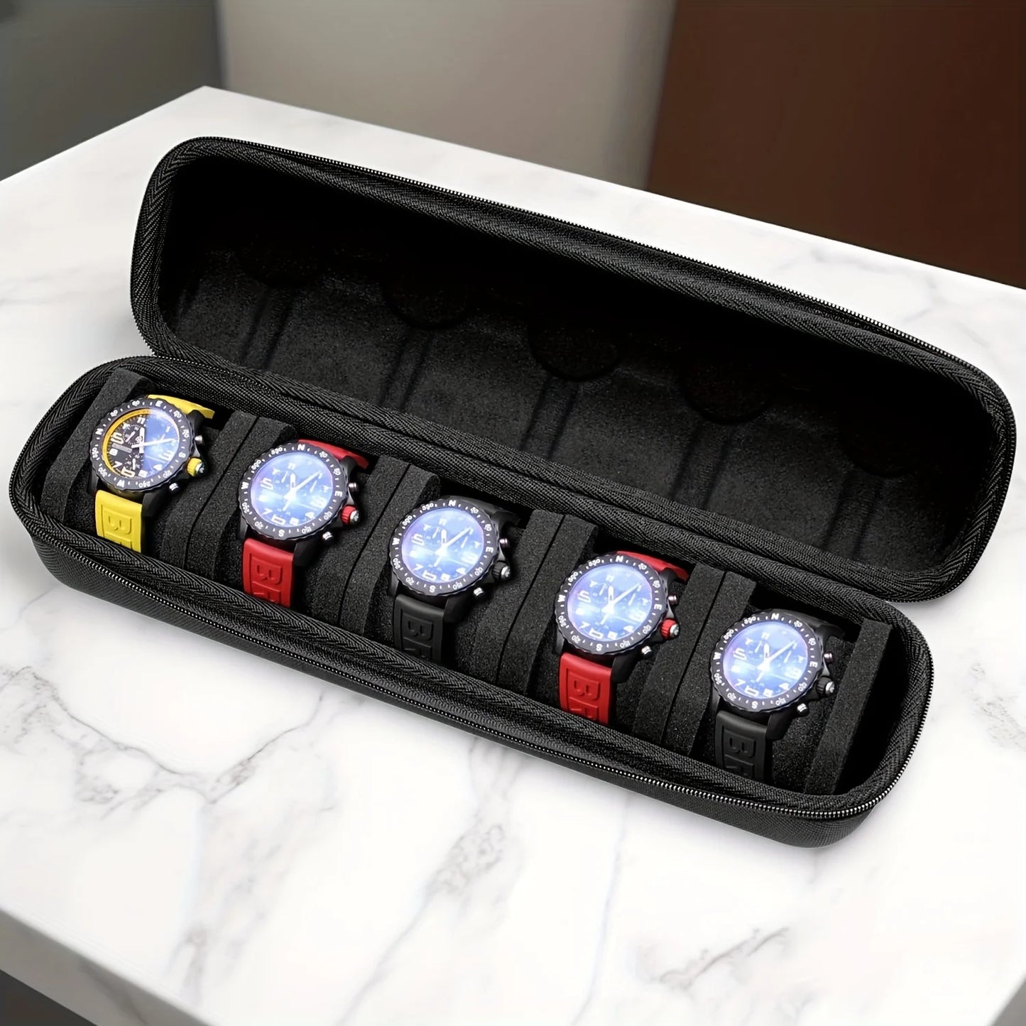 5-Slot Hard Shell Watch Case Travel Organizer Black with Pillows