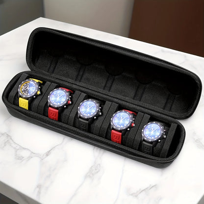 5-Slot Hard Shell Watch Case Travel Organizer Black with Pillows