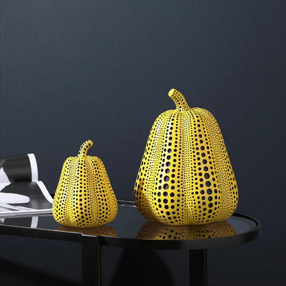 Yellow Wave Point Owl Pumpkin Figurine - Bird Statue Ornament Decor