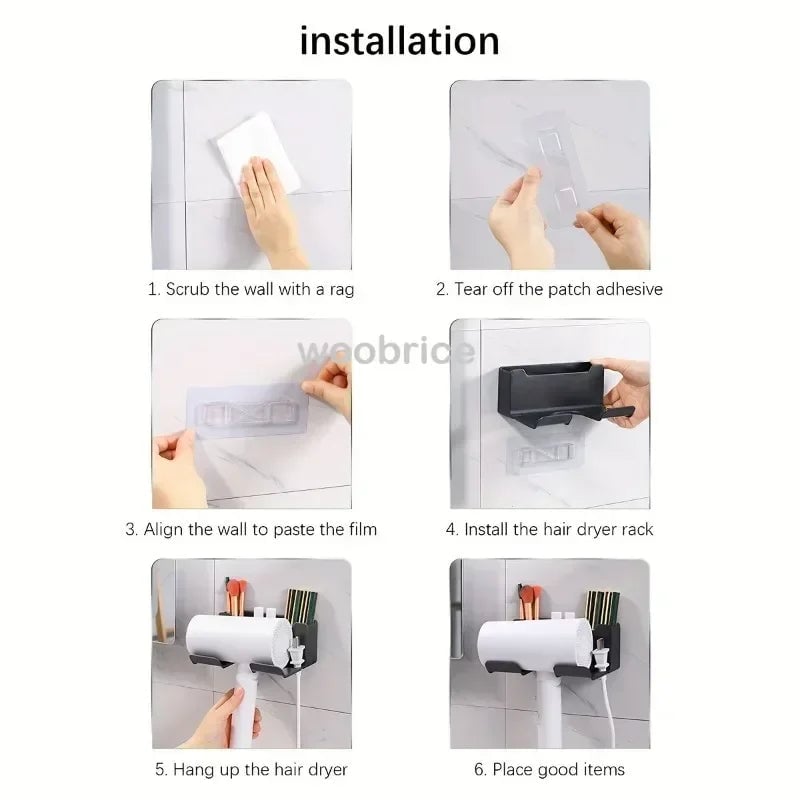 Wall Mount Hair Dryer Holder with Brush Storage Box Bathroom Organizer