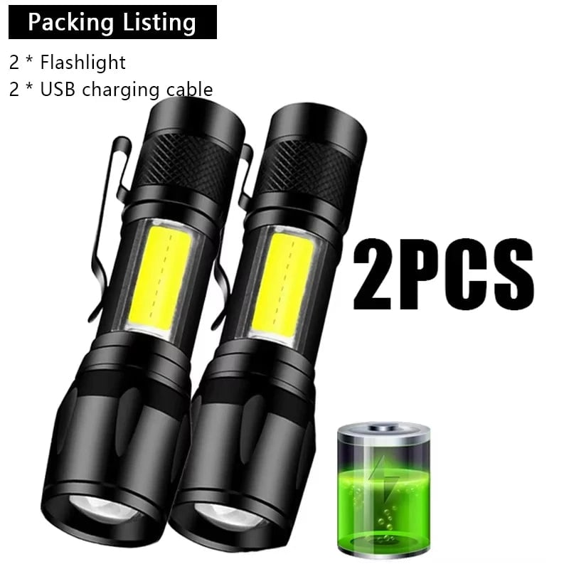 USB Rechargeable Mini Flashlight COB+XPE LED 3-Mode Zoomable Torch