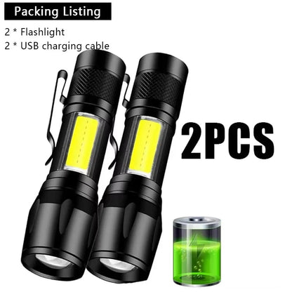 USB Rechargeable Mini Flashlight COB+XPE LED 3-Mode Zoomable Torch