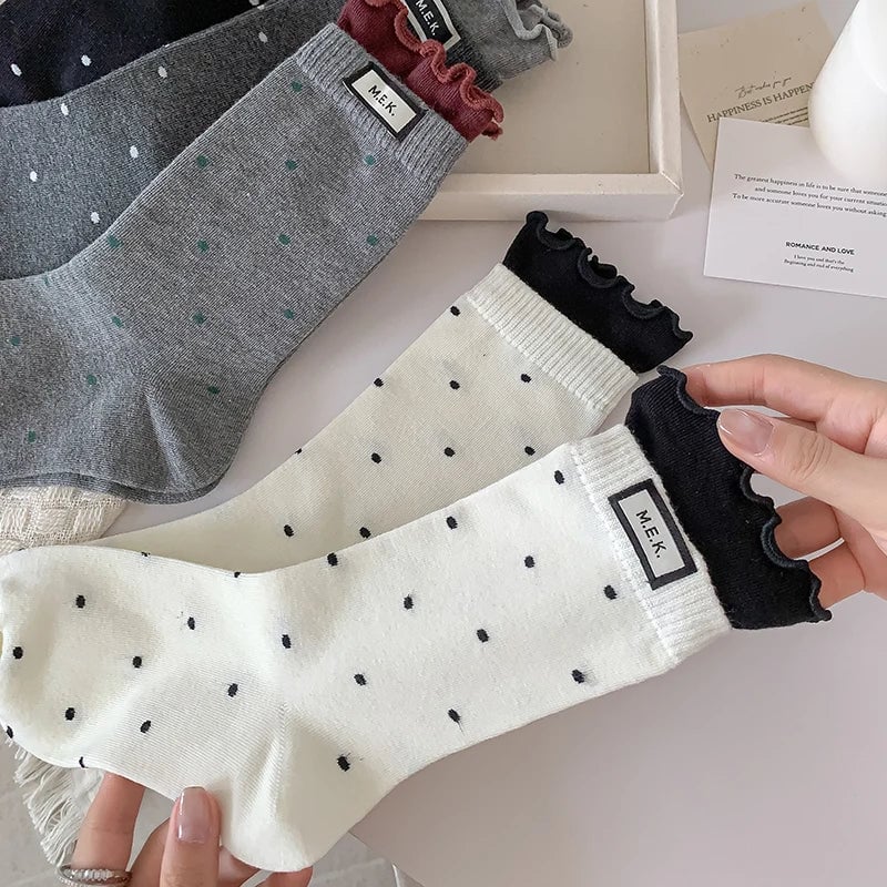 Cotton Frilly Dot Pattern Long Socks - Breathable Preppy Style