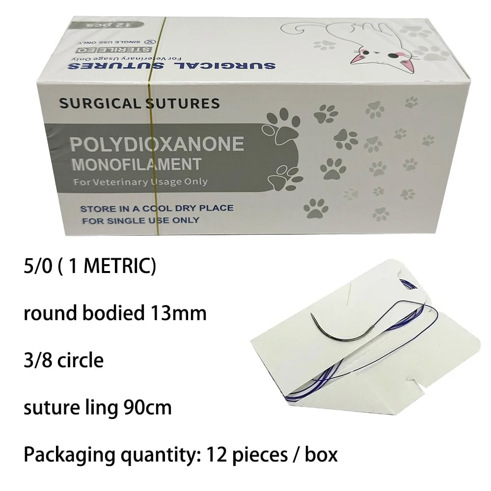 12pcs Pet PDO Sutures 3/8 Circle 90CM Needle 2/0-5/0 Cat Dog Surgery
