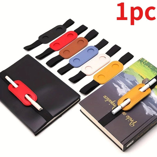 PU Leather Pen Holder Sleeve Elastic Band Clip Office Notebook