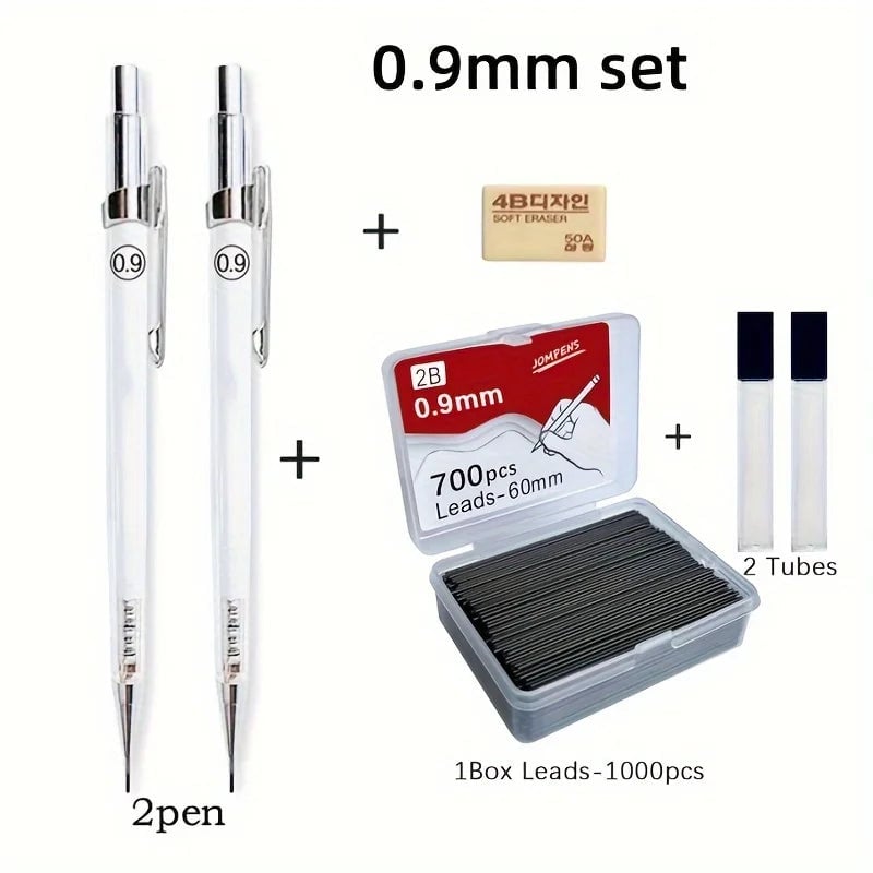 Transparent Mechanical Pencils Set 0.5 0.7 0.9mm 2B Lead Art Drawing