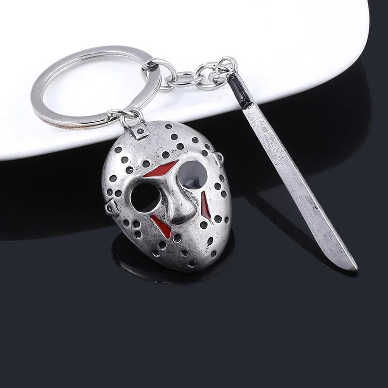 Horror Movie Hockey Mask Machete Metal Keychain - Halloween Cosplay