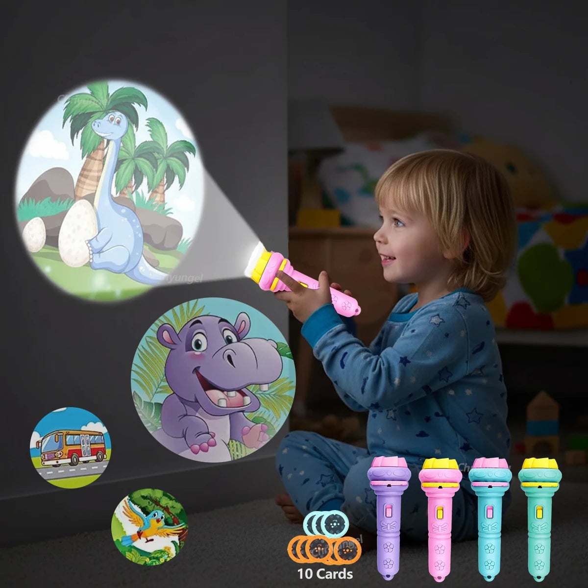 Kids Projector Flashlight 80 Patterns 10 Cards Educational Bedtime Toy