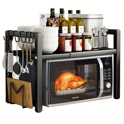 Expandable Microwave Shelf 40-64cm with 6 Hooks Kitchen Storage Rack