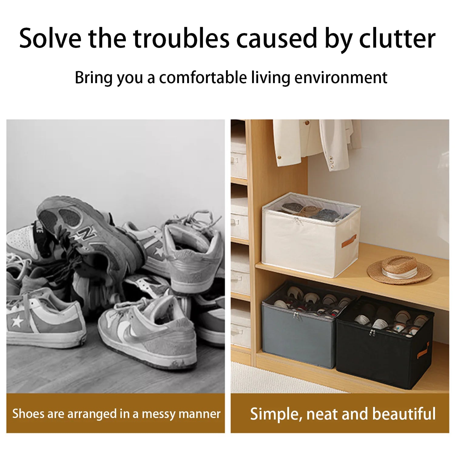 Collapsible Fabric Shoe Storage Bin with Clear Cover & Handles