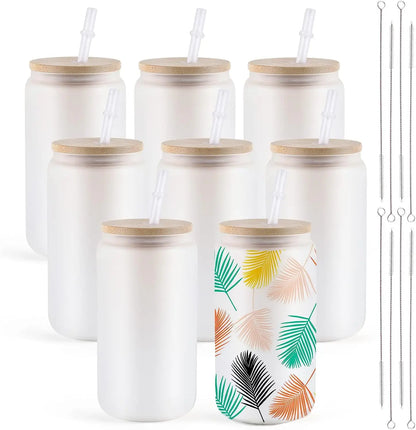 16OZ Glass Sublimation Tumblers 4/8 Pack Clear/Frosted Bamboo Lid