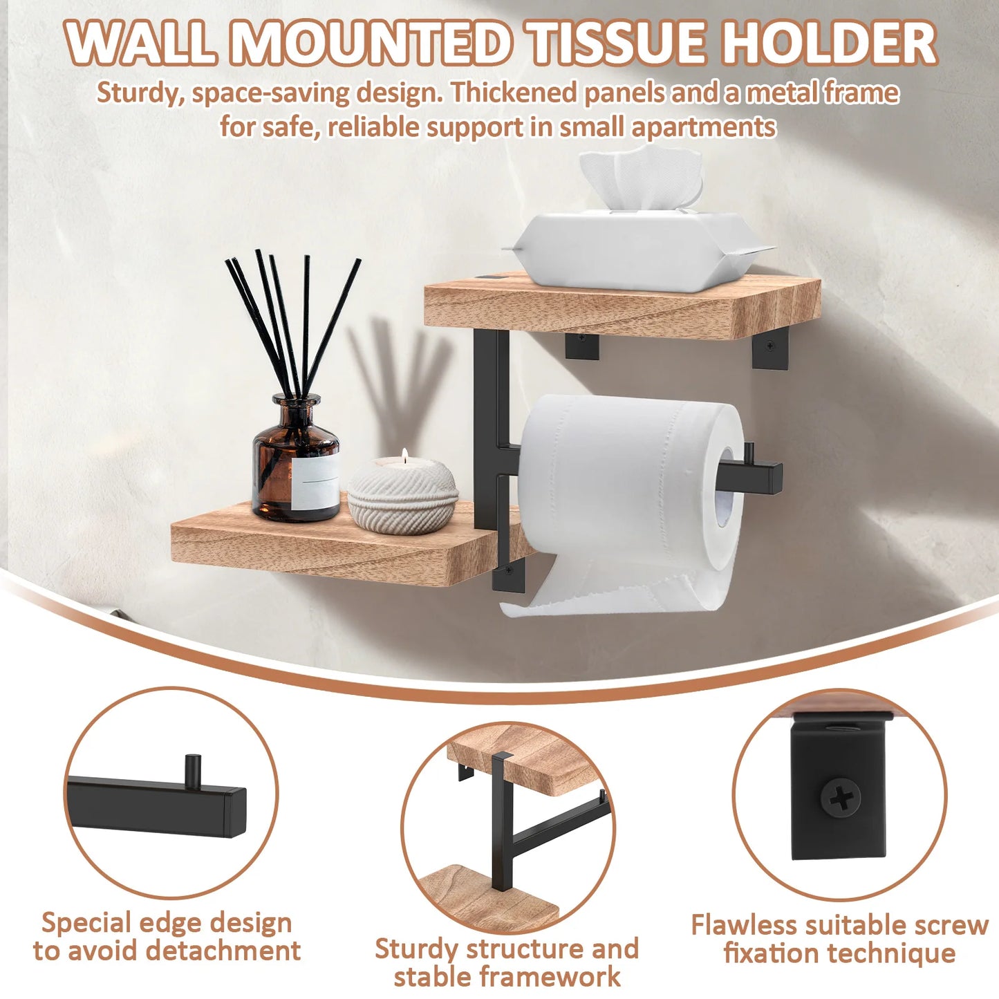 Wall Mounted Wooden Toilet Paper Holder with Storage Shelf